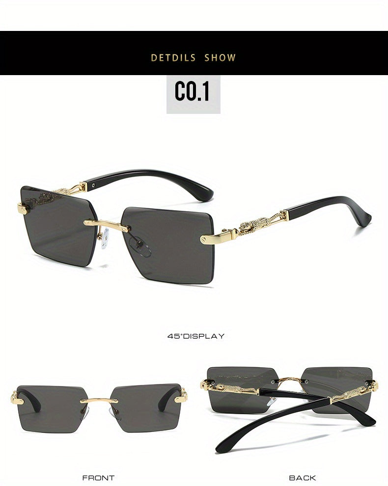 Unisex Rimless Leopard Sunglasses - UV400 Narrow Rectangular Frameless Shades in Black & Gold, Premium Fashion Eyewear for Men & Women, Includes Case & Cloth, Great for Parties Travel & Festivals