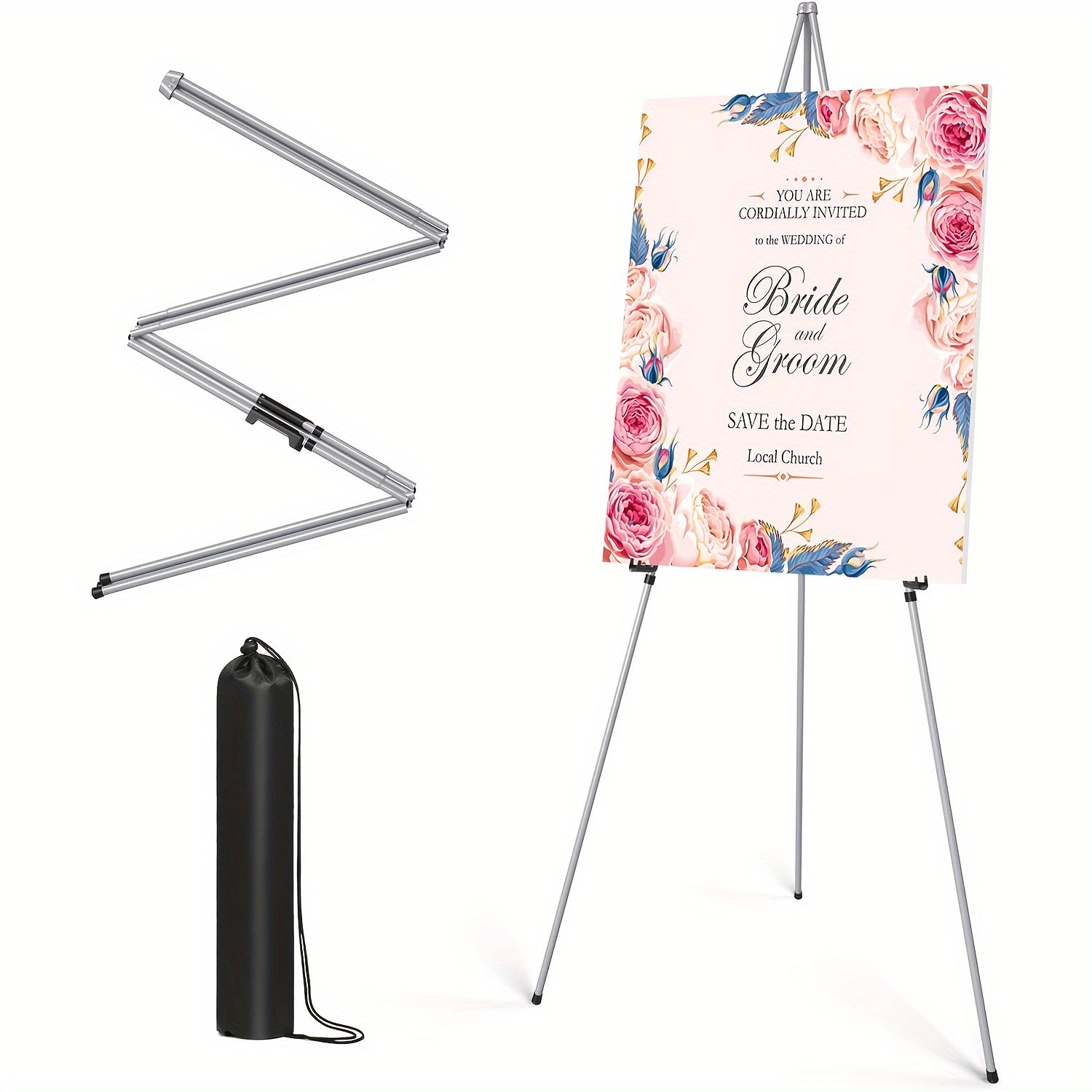 63 Inch Portable Tripod Easel Stand Foldable with Carrying Bag – Adjustable Metal Floor Easel for Wedding Signs Art Posters Painting Trade Shows Events – Black White Gold Silver Pink Single 2-Pack 3-Pack