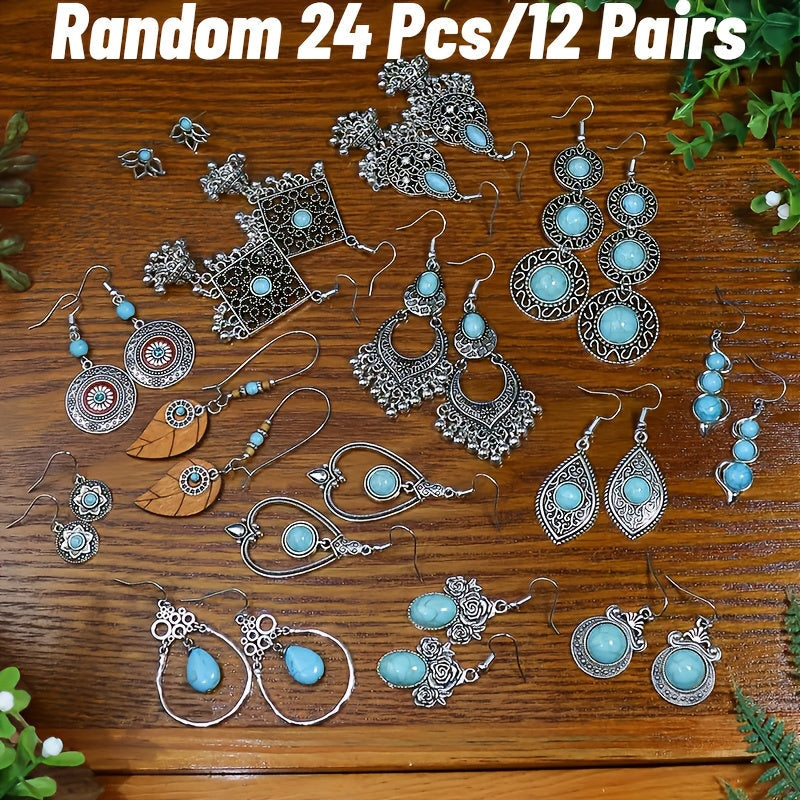 12 Pairs Boho Turquoise Drop Earrings Set for Women – Vintage Bohemian Leaf Heart Dangle Earrings, Perfect Holiday Gift for Girls & Women Daily Wear