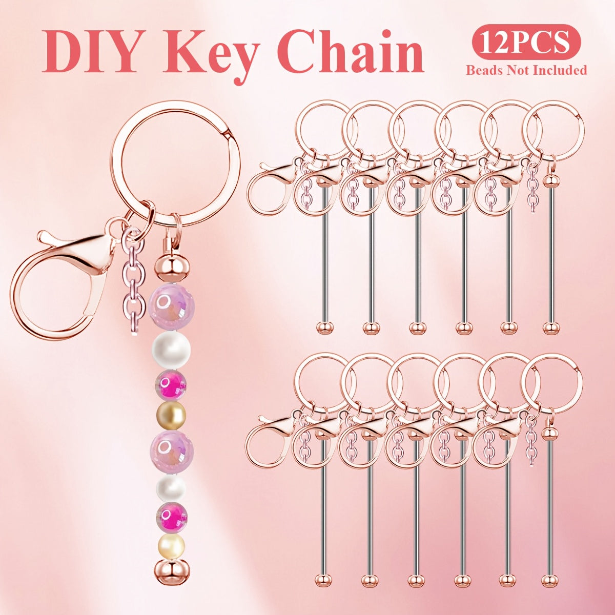 Beadable Keychain Blanks Stainless Steel DIY Kit 12 & 24pcs – Metal Keyring Pendants Gold Silver Rose Gold for Crafting, Christmas Halloween Party Favors & Handmade Gift Making