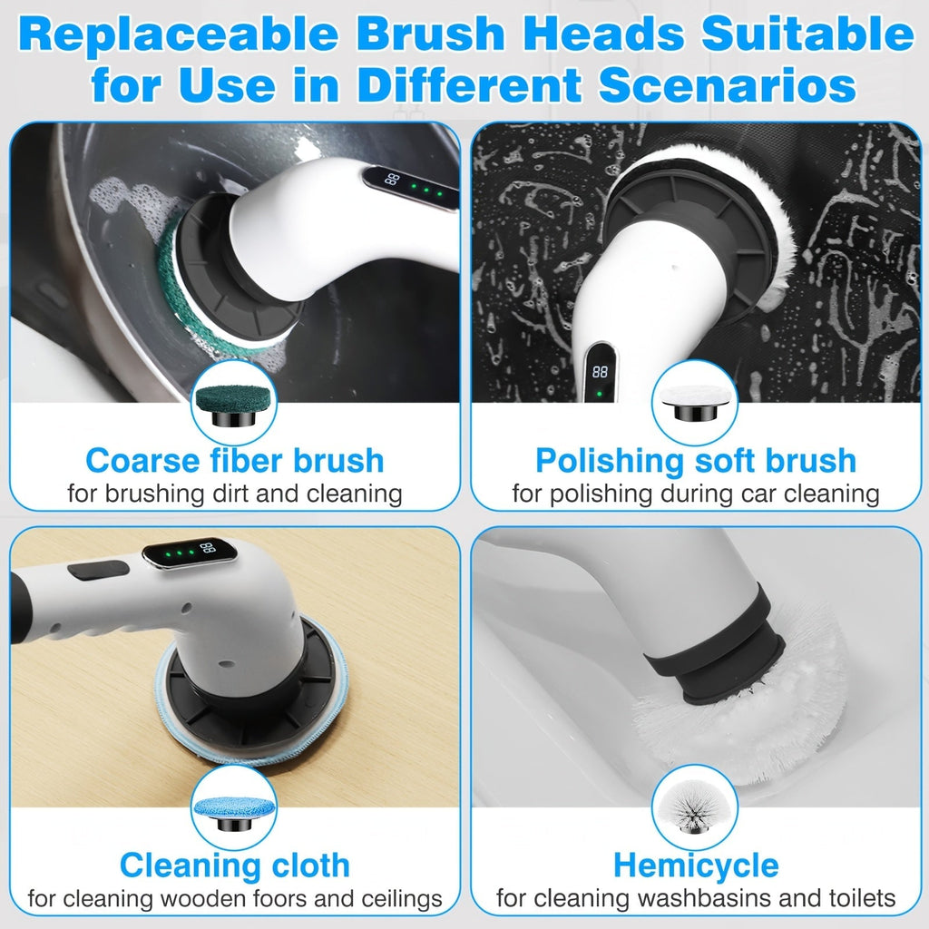 Electric Spin Scrubber Cordless with 7 Replaceable Brush Heads – Dual Adjustable Speeds Adjustable Detachable Handle for Bathroom Tub Tile Grout Floor Shower Kitchen Cleaning, White & Black