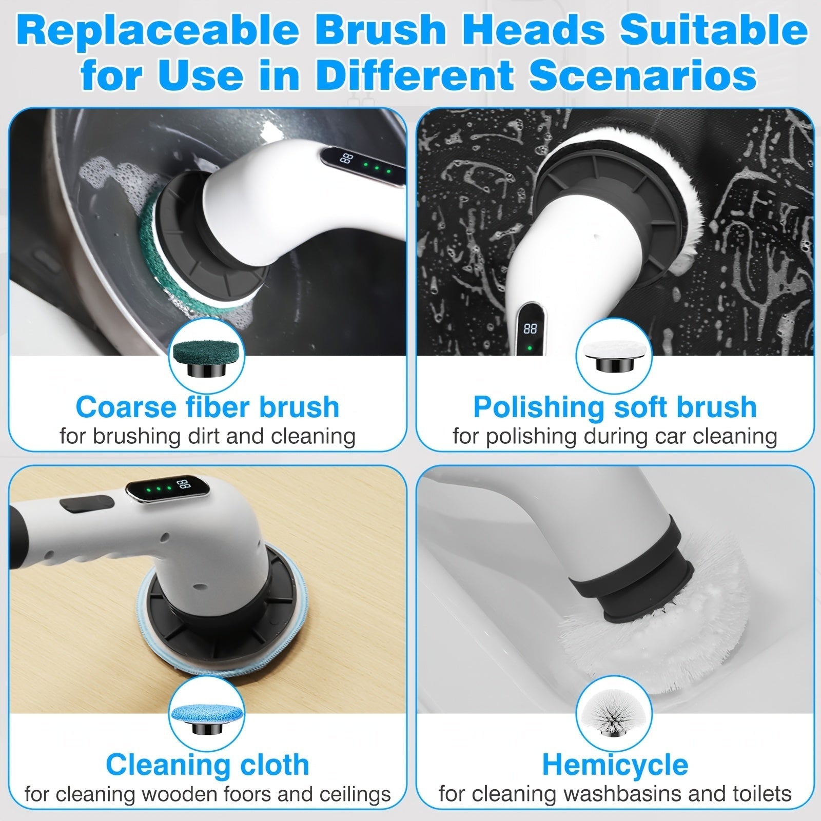Electric Spin Scrubber Cordless with 7 Replaceable Brush Heads – Dual Adjustable Speeds Adjustable Detachable Handle for Bathroom Tub Tile Grout Floor Shower Kitchen Cleaning, White & Black