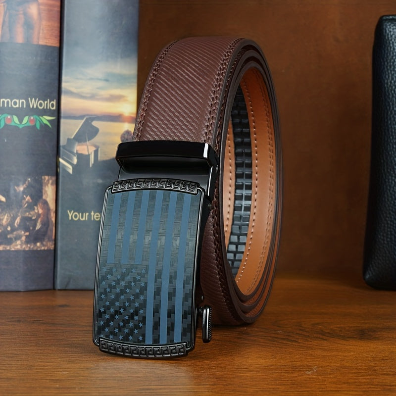 Men's Genuine Leather Ratchet Belt Automatic No-Hole Buckle 5 Lengths 110-130cm – Black Brown Slide Buckle Dress Belt Fits Waist 30" to 44" Formal Business Casual Father's Day Gift