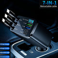 7 in 1 Car Fast Charger with 3 Retractable Cables LED Digital Display 180 Degree Adjustable Multi-Port Car Phone Charger for iPhone Android USB-C Samsung Universal 12V 24V