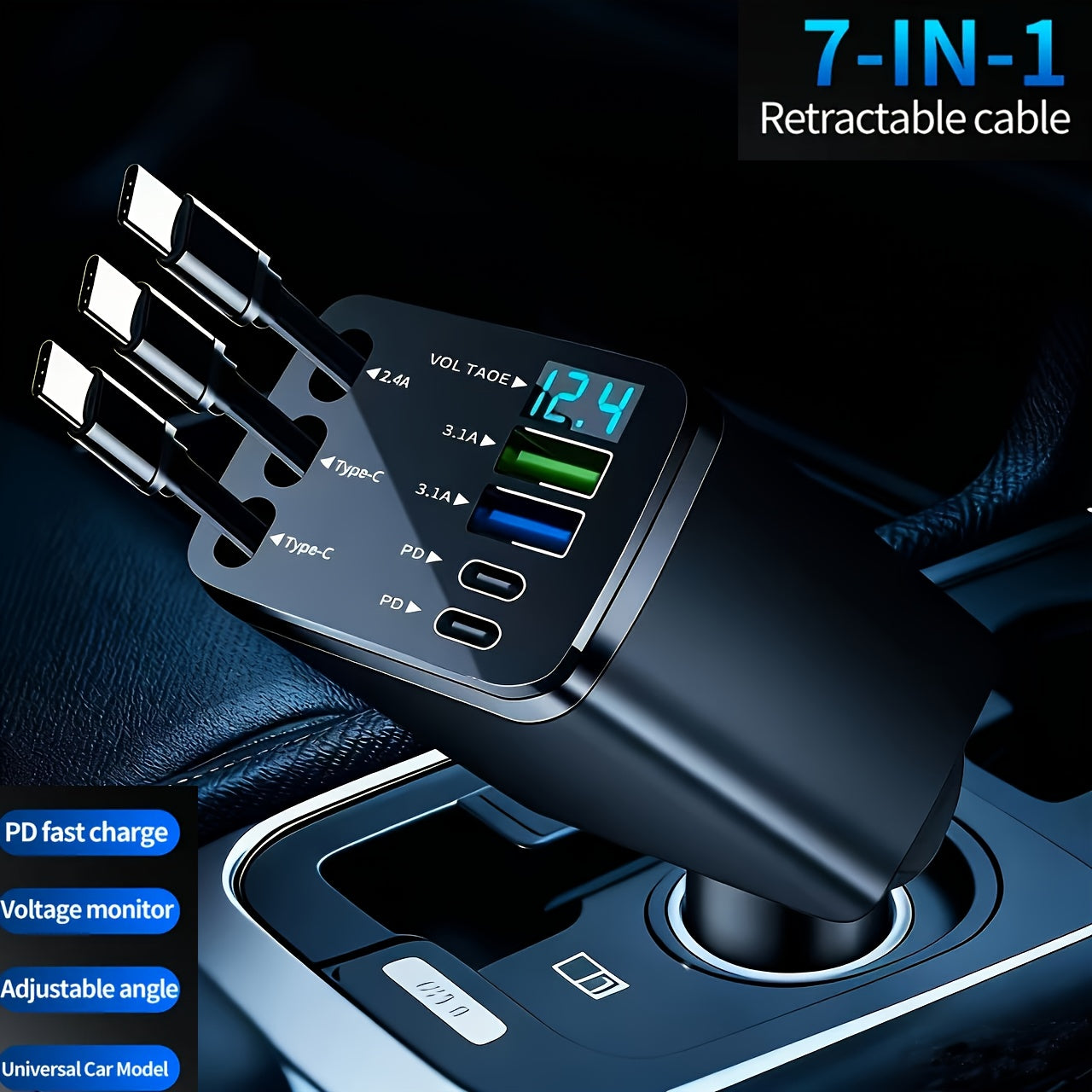 7 in 1 Car Fast Charger with 3 Retractable Cables LED Digital Display 180 Degree Adjustable Multi-Port Car Phone Charger for iPhone Android USB-C Samsung Universal 12V 24V
