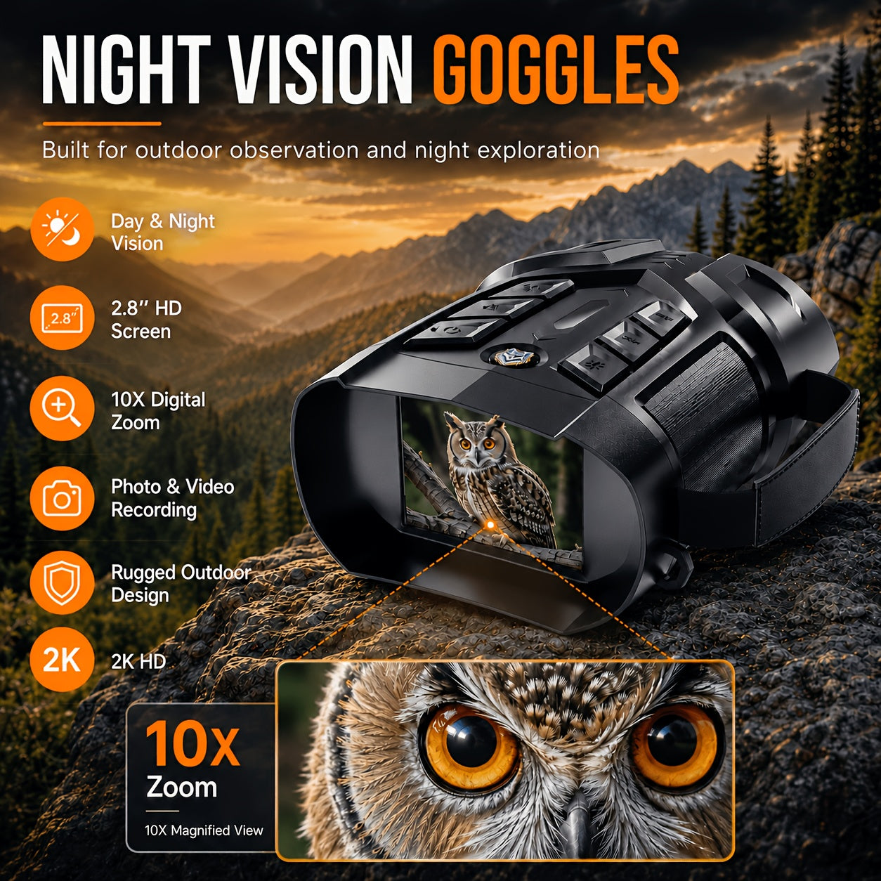 Night Vision Goggles 2K Ultra HD IR Binoculars 10X Zoom 2600ft Range – IPS Screen Rechargeable Battery for Hunting Camping Security Surveillance Wildlife Observation Gift for Men
