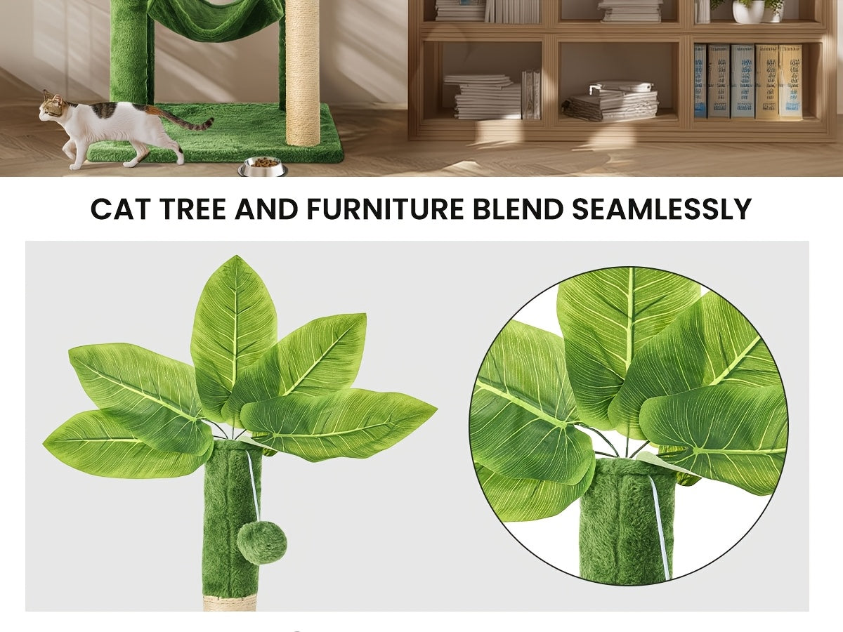 55 Inch Cat Tree for Indoor Cats with Green Leaves – Multi-Level Large Cat Tower with Hammock Sisal Scratching Posts Hanging Ball Toy Cat Furniture for Living Room Bedroom