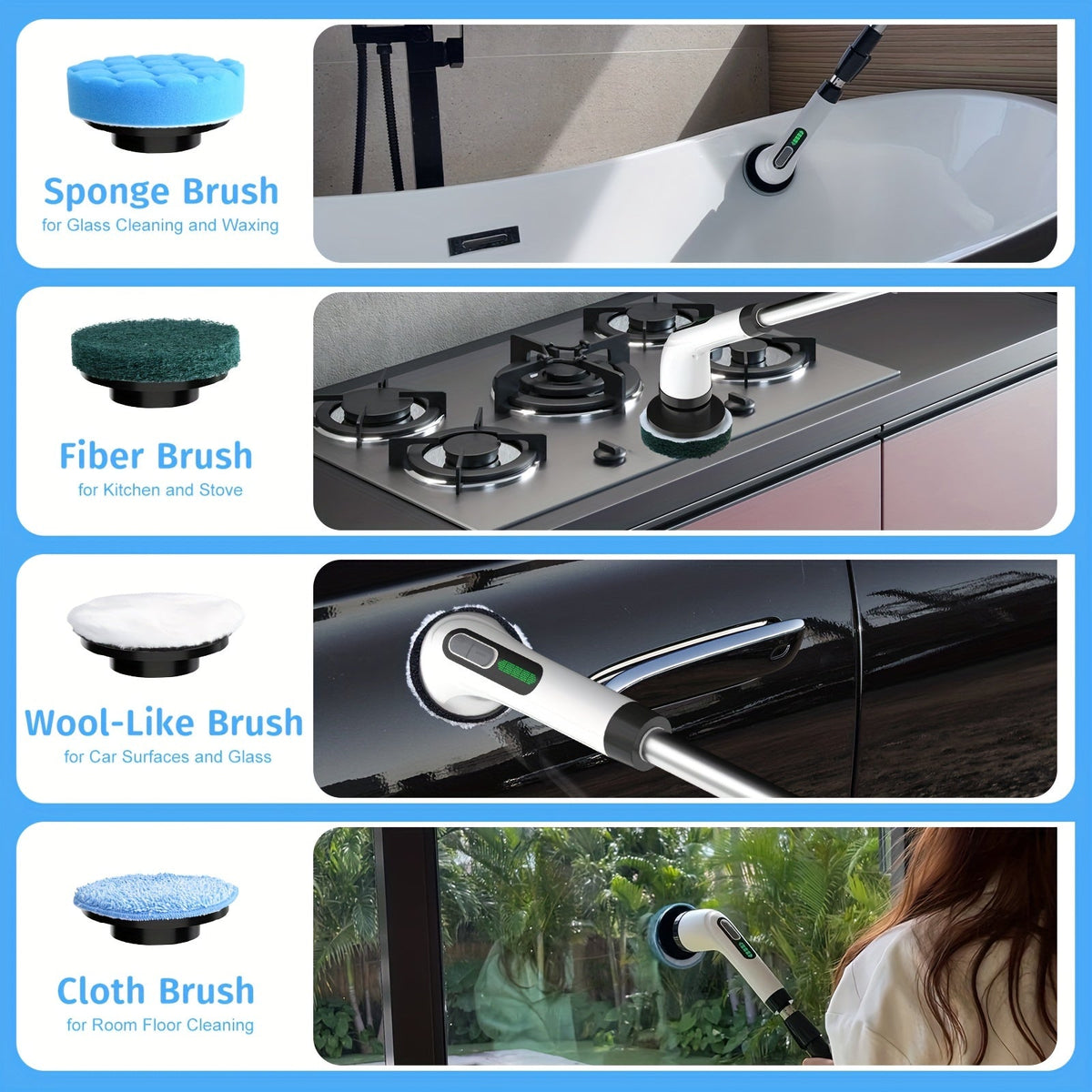 Electric Spin Scrubber Cordless with 7 Replaceable Brush Heads – Dual Adjustable Speeds Adjustable Detachable Handle for Bathroom Tub Tile Grout Floor Shower Kitchen Cleaning, White & Black