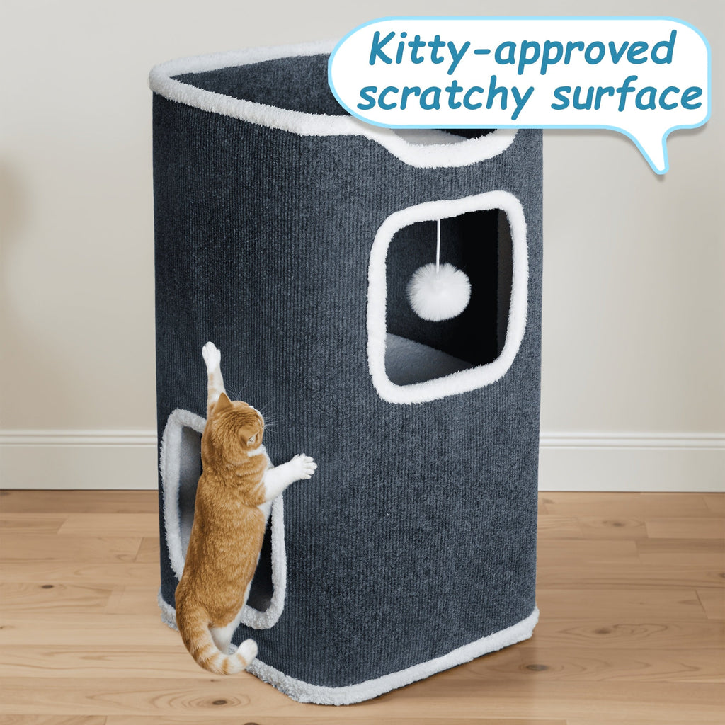 Multi-Level Foldable Cat Tree Tower for Indoor Cats Scratching Post Cozy Perch Cat Condo with Hanging Toy Ball & Hideaway – Soft Bed, 1/3/4 Tier Options, Light Gray Dark Blue Camel