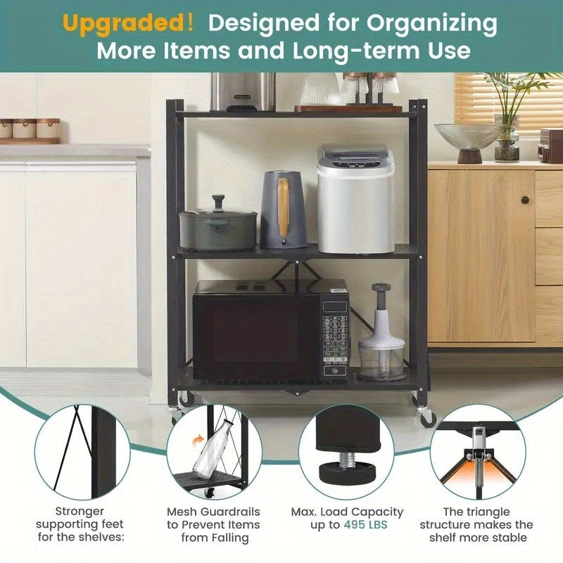 3 Layer Heavy Duty Foldable Metal Storage Rack with Wheels 750 LBS – Movable Rolling Shelving Unit for Garage Kitchen Warehouse Basement & Home Organization