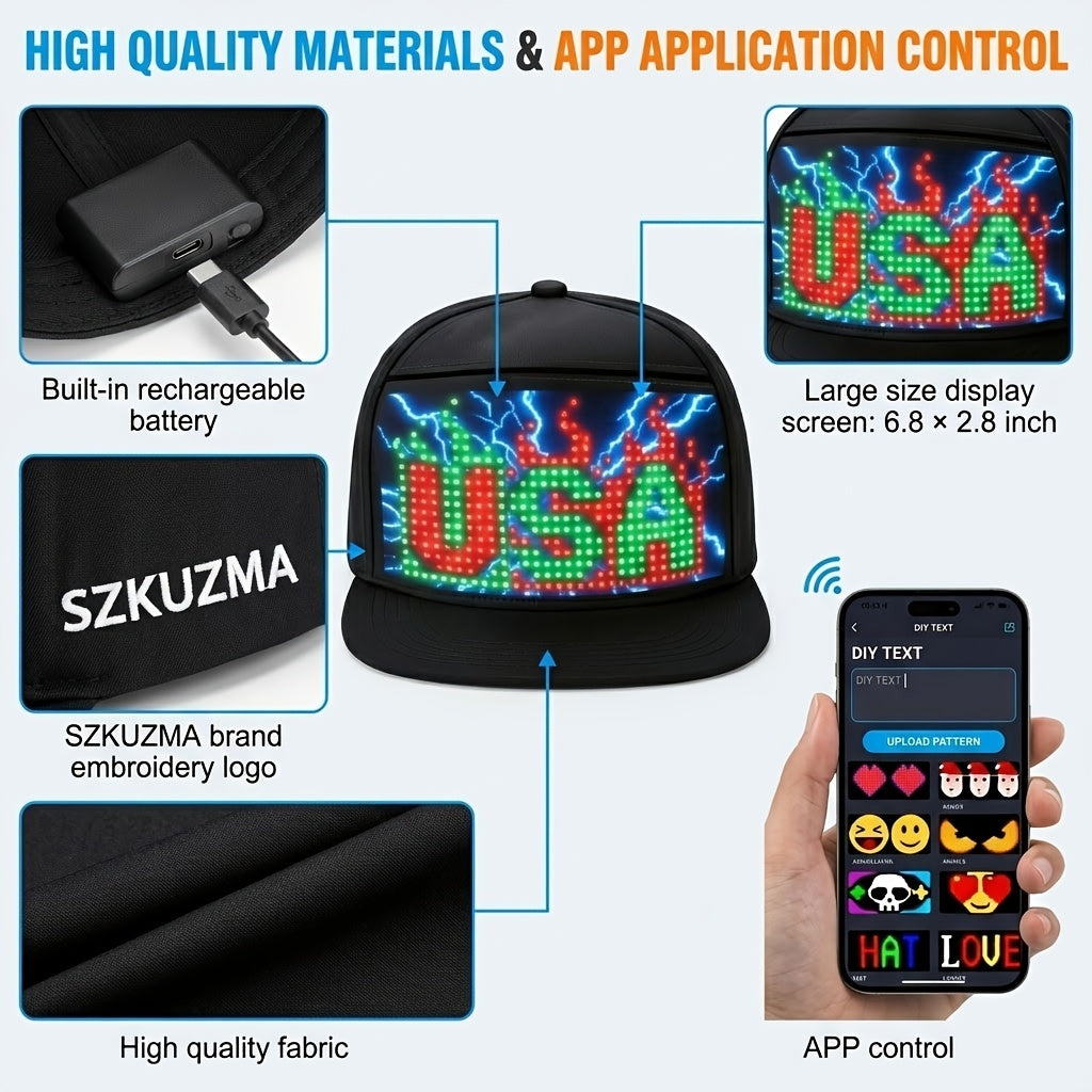 Programmable LED Hat APP Controlled Scrolling Text & Animation – Unisex Adjustable Smart Light Up Baseball Cap for Party Wedding Valentine's Day Carnival Festival in 3 Pixel Options