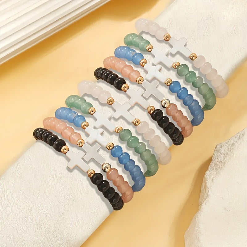 Cross Glass Bead Bracelet Set 10pcs Boho Stackable – Multi-Layer Elastic Wristbands with Zircon & Zinc Alloy Accents for Women, Elegant Spiritual Jewelry for Daily Wear, Parties & Gifting