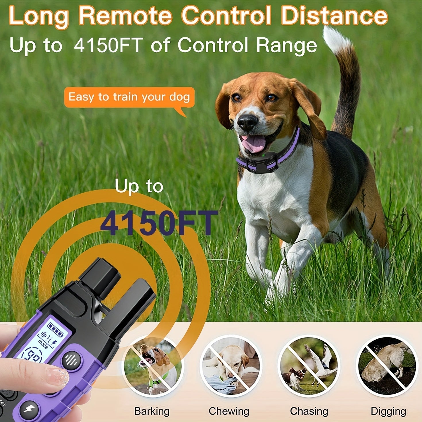 Dog Training Collar with Remote 4150ft Range Shock Vibration & Beep Modes Rechargeable E-Collar – Small to Large Dogs 5-150lbs, 1 Dog & 2 Dog Options, Purple