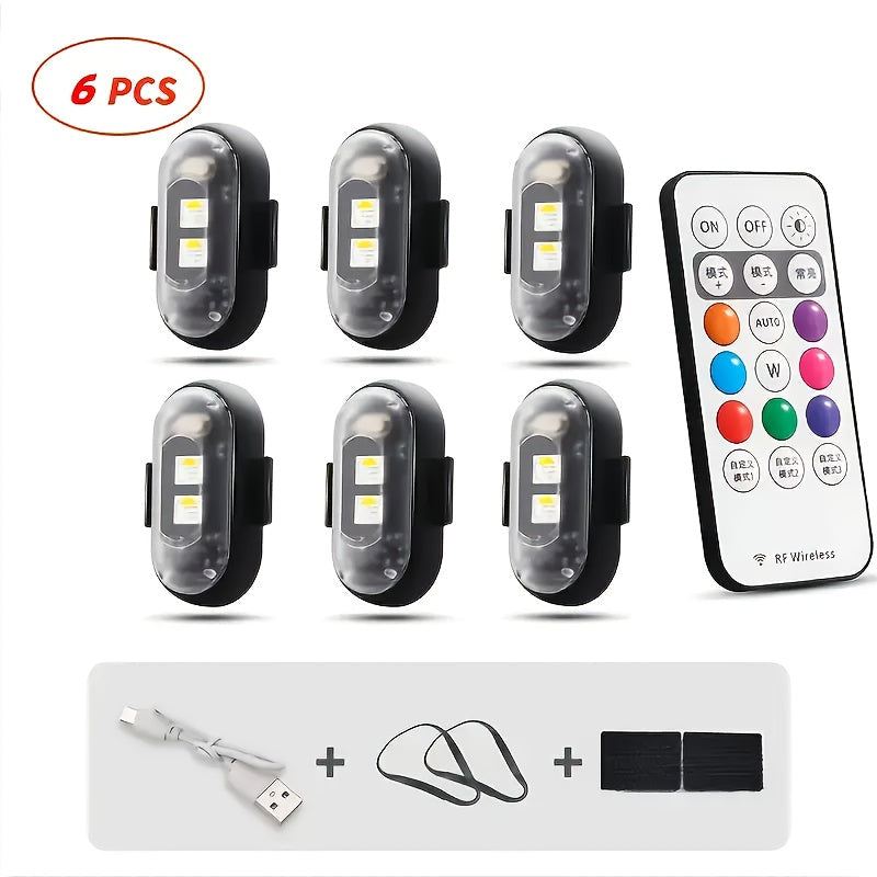 Wireless LED Strip Lights 8 Color Anti-Collision Warning Light Remote Control USB Rechargeable Waterproof for Car Motorcycle Drone Bicycle Night Visibility Safety 4-Pack 6-Pack
