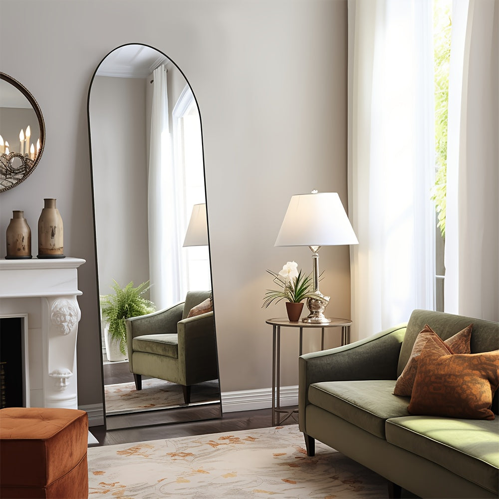 Full Length Floor Mirror with LED Lights - Arched & Rectangle Top, Aluminum Frame, 71" Standing Dressing Mirror for Bedroom & Living Room, Black Gold White, 5mm Tempered Glass