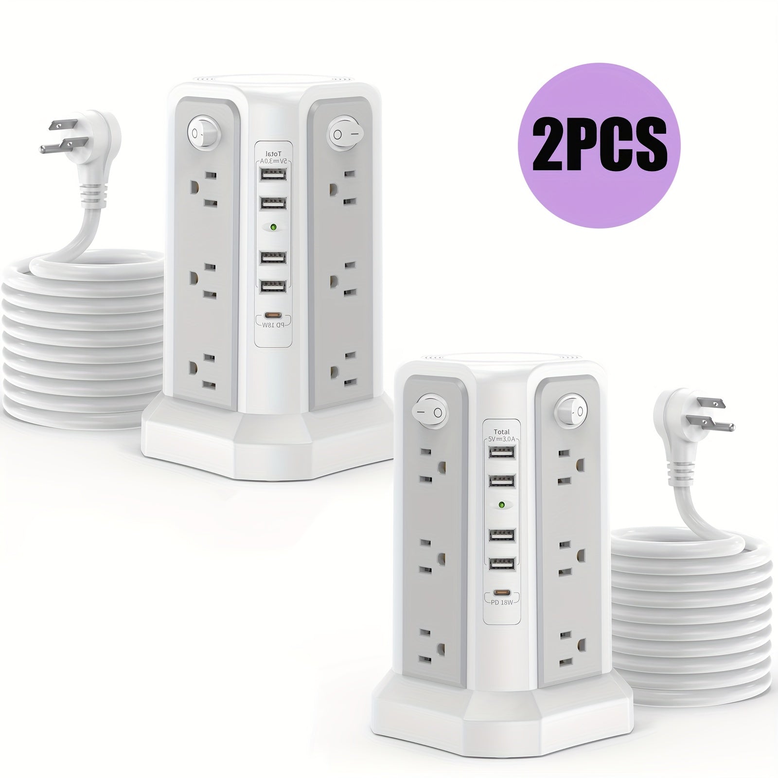 Power Strip Tower 16 AC Outlets 5 USB Ports USB-C PD20W Fast Charging 1500J Surge Protector Flat Plug Desktop Extension Cord for Home Office Dorm Room Workstation 10 Style Options