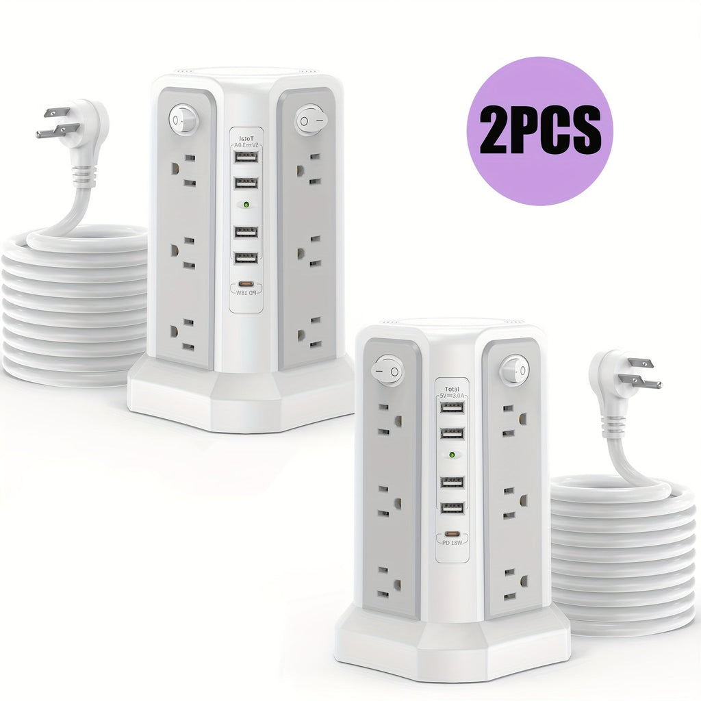 Power Strip Tower 16 AC Outlets 5 USB Ports USB-C PD20W Fast Charging 1500J Surge Protector Flat Plug Desktop Extension Cord for Home Office Dorm Room Workstation 10 Style Options