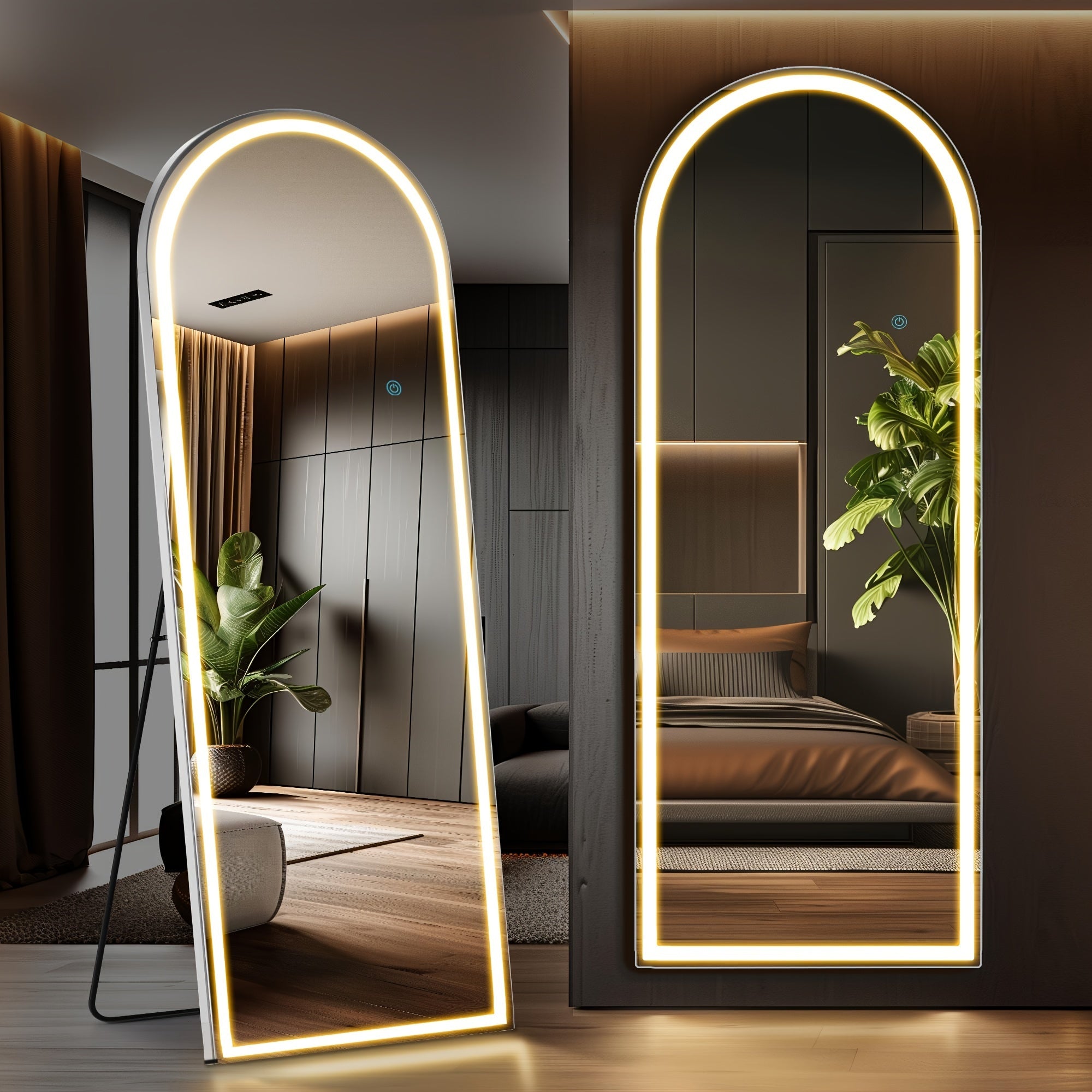 Full Length Floor Mirror with LED Lights - Arched & Rectangle Top, Aluminum Frame, 71" Standing Dressing Mirror for Bedroom & Living Room, Black Gold White, 5mm Tempered Glass