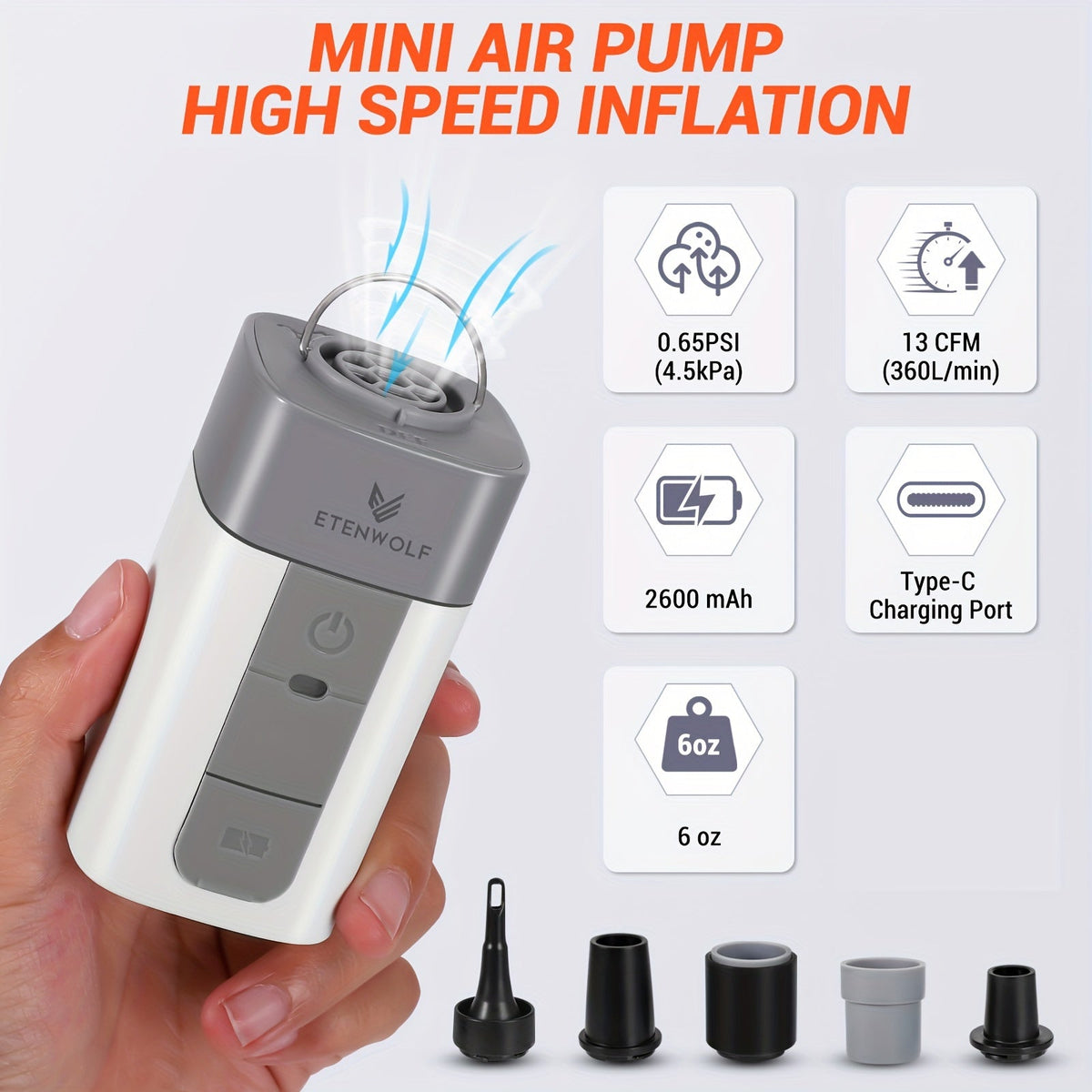 Portable Electric Air Pump 2600mAh USB Rechargeable – Fast Inflation for Air Mattress, Swimming Ring & Vacuum Storage Bags, Ultra Compact Pendant Design for Camping, Beach & Travel