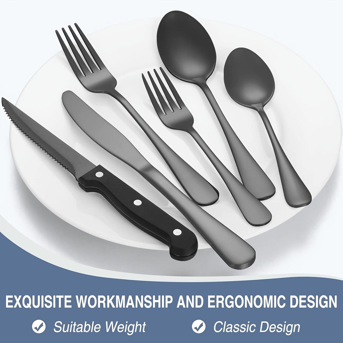 48-Piece Silverware Set with Steak Knives Service for 8 – 304 Stainless Steel Flatware Cutlery Set Mirror Finish Dishwasher Safe Spoons Forks Knives Silver Black