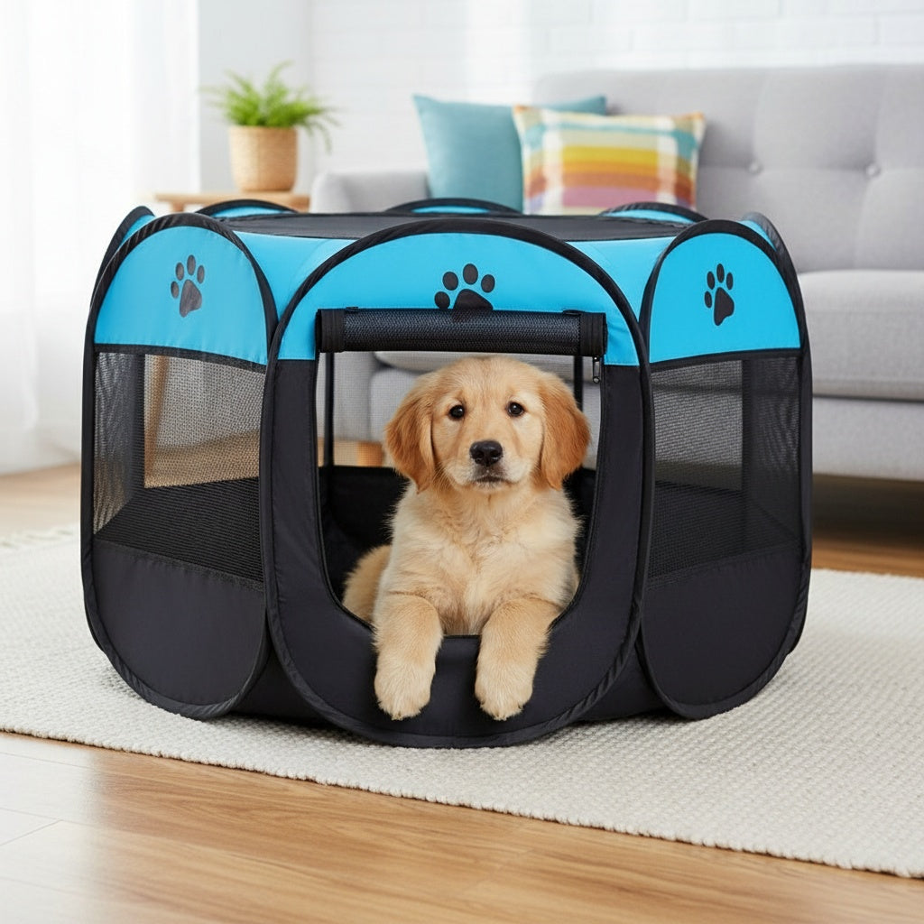 Octagonal Pet Playpen Tent Foldable Oxford Fabric - No Assembly Indoor Outdoor Dog Cat Enclosure Kennel Maternity Room M L XL Blue & Beige, Portable Collapsible Pet Exercise Pen