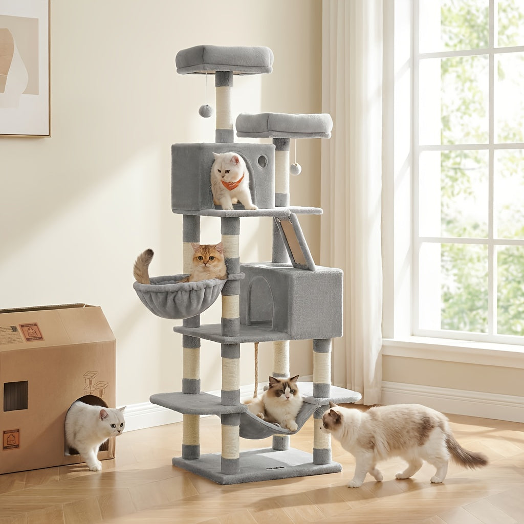 Cat Tree Tower 44 or 66 Inch Multi-Level Hammock Cozy Cave 4 Sisal Posts 2 Perches Anti-Tilt 10-Min Assembly Indoor Cats Kittens Multi-Cat Dark Gray Light Gray White Beige
