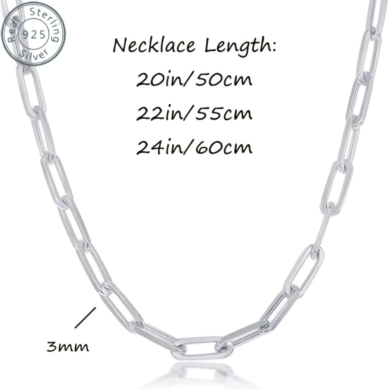 925 Sterling Silver Paperclip Chain Necklace for Women & Men – 3mm Thick Bohemian Style with Synthetic Stone, 20/22/24 Inch, Gift Box Included, Durable Everyday Jewelry for Daily Wear & Gifting