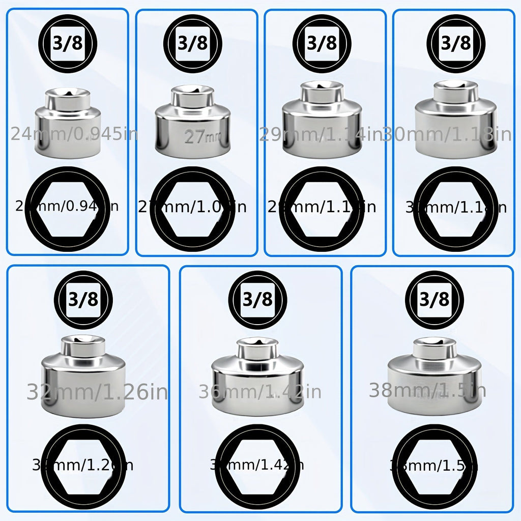 7 Piece Oil Filter Socket Wrench Set 3 8 Inch Drive CR-V Steel 24mm 27mm 29mm 30mm 32mm 36mm 38mm Universal Oil Filter Removal Tool Kit for DIY Car Oil Changes Mechanic Home Garage