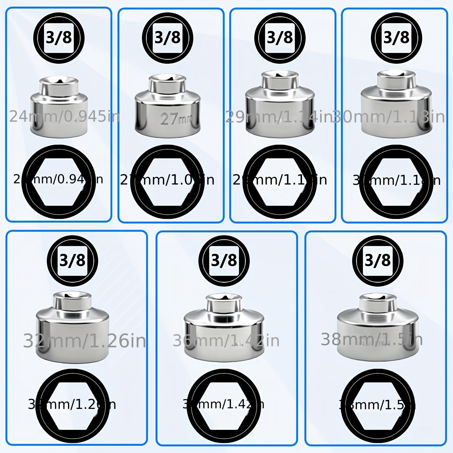 7 Piece Oil Filter Socket Wrench Set 3 8 Inch Drive CR-V Steel 24mm 27mm 29mm 30mm 32mm 36mm 38mm Universal Oil Filter Removal Tool Kit for DIY Car Oil Changes Mechanic Home Garage