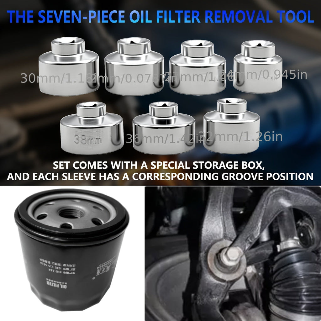 7 Piece Oil Filter Socket Wrench Set 3 8 Inch Drive CR-V Steel 24mm 27mm 29mm 30mm 32mm 36mm 38mm Universal Oil Filter Removal Tool Kit for DIY Car Oil Changes Mechanic Home Garage