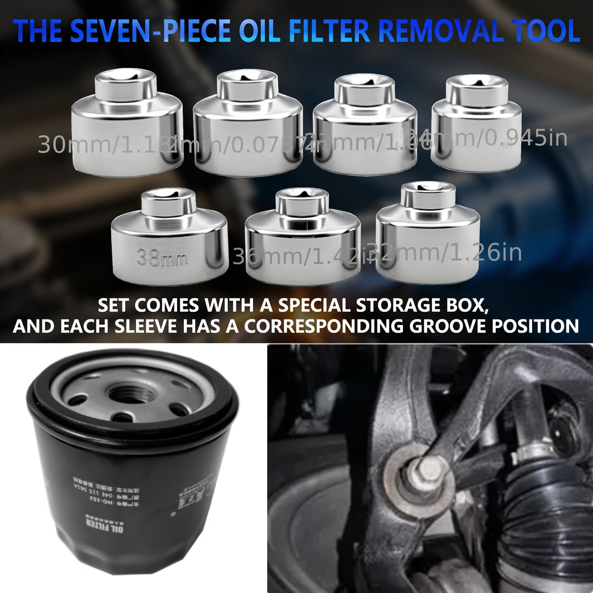 7 Piece Oil Filter Socket Wrench Set 3 8 Inch Drive CR-V Steel 24mm 27mm 29mm 30mm 32mm 36mm 38mm Universal Oil Filter Removal Tool Kit for DIY Car Oil Changes Mechanic Home Garage