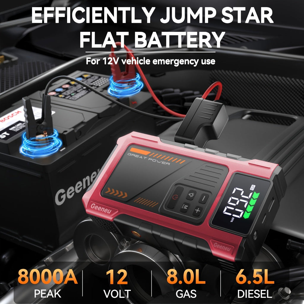 8000A Portable Jump Starter with Air Compressor 12V Battery Booster for 8.0L Gas 6.5L Diesel Engines USB Charging Ports LED Flashlight Jump Box for Cars Trucks SUVs Motorcycles