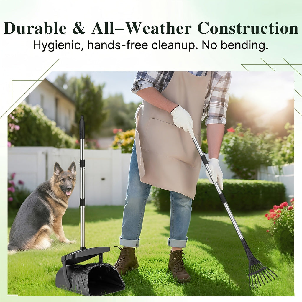 Heavy Duty Dog Pooper Scooper Set with Swivel Bin, Rake & Spade – Long Handle No-Bend Pet Waste Removal for Grass, Dirt & Gravel, 40 Waste Bags Included, Large Dogs