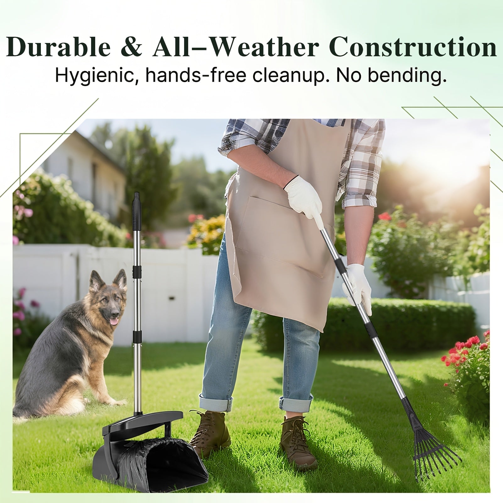 Heavy Duty Dog Pooper Scooper Set with Swivel Bin, Rake & Spade – Long Handle No-Bend Pet Waste Removal for Grass, Dirt & Gravel, 40 Waste Bags Included, Large Dogs
