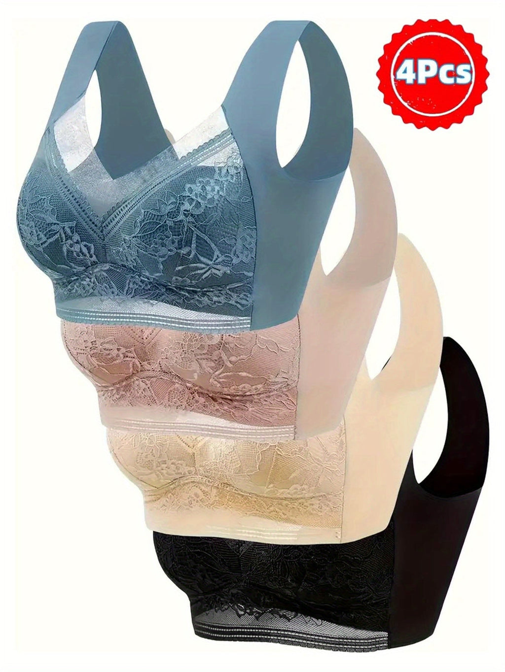 4 Pack Lace Ice Silk Bra Vest for Women – Wire-Free Gathered Support Traceless Seamless Camisole Bra with Beautiful Back Design, Breathable Thin Underwear S-XXL, 2 Multicolor Sets