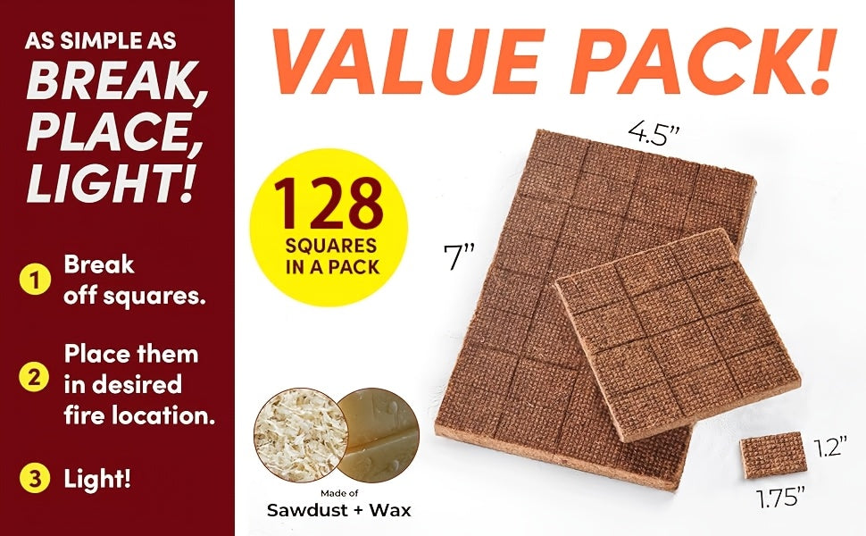 Waterproof Odorless Fire Starter Squares Bulk Pack – 6-Minute Burn Charcoal Firestarter Cubes for Campfire BBQ Grill Fireplace Wood Stove Fire Pit, No Kindling Needed, 32 64 128 192 Piece Options