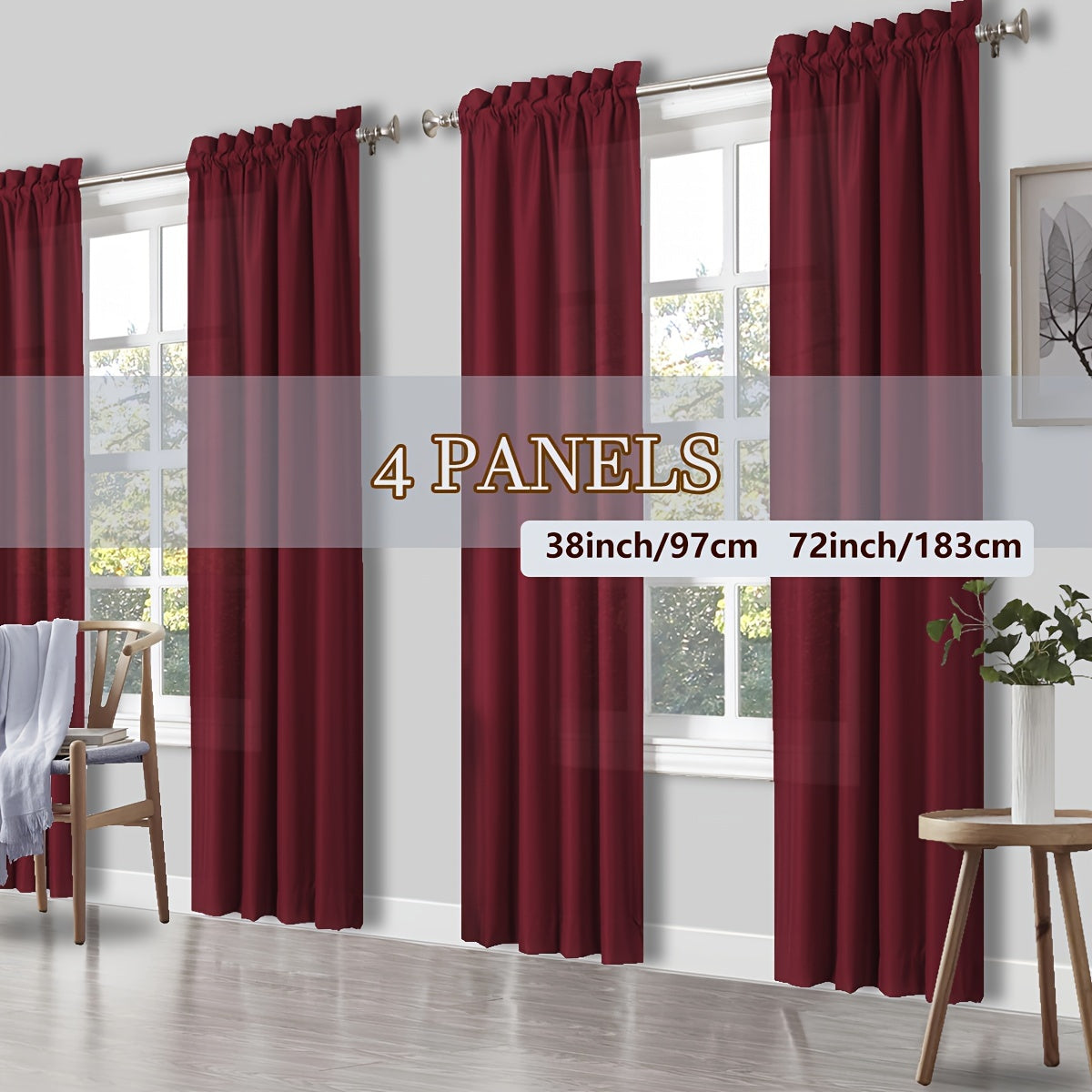 Rod Pocket Light Filtering Curtains 4 Panels – Solid Color Drapes for Living Room Bedroom Office, Easy Install, 10 Colors & 8 Sizes, Yarn-Dyed Fade Resistant Fabric, Home Window Treatment Set