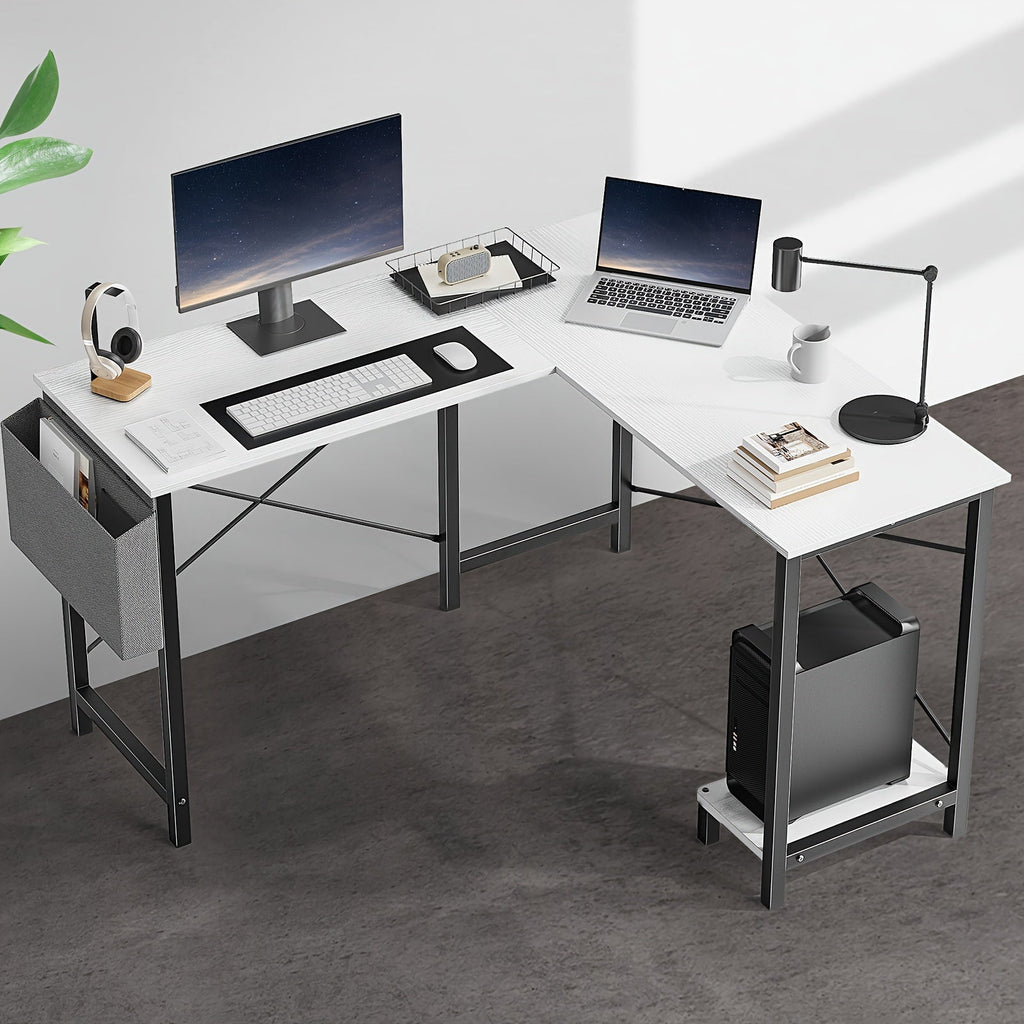 L-Shaped Corner Computer Desk with Storage Bag & Open Shelves – Reversible PC Laptop Workstation for Home Office Study Room Gaming Dorm, Space-Saving Writing Desk, 7 Colors