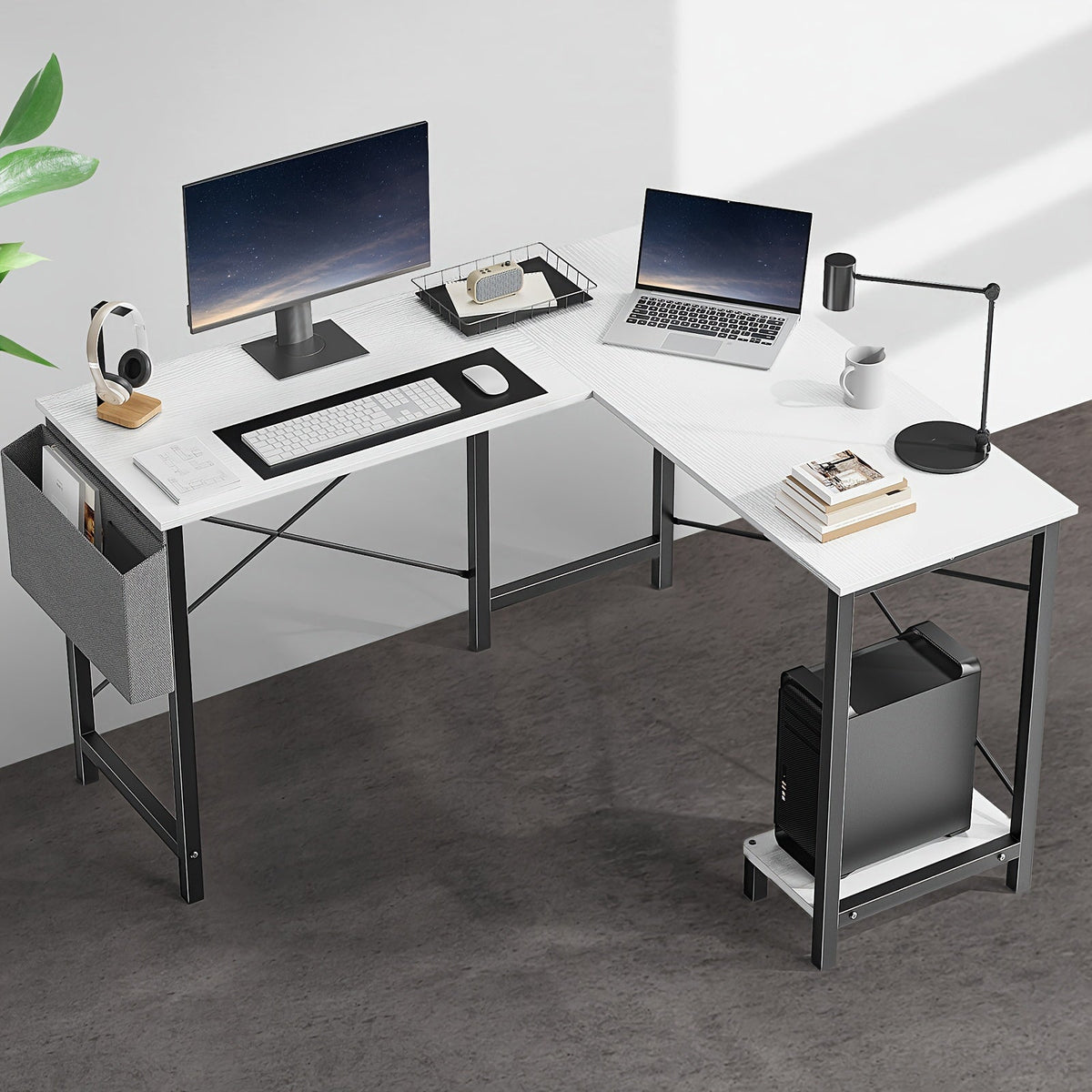 L-Shaped Corner Computer Desk with Storage Bag & Open Shelves – Reversible PC Laptop Workstation for Home Office Study Room Gaming Dorm, Space-Saving Writing Desk, 7 Colors