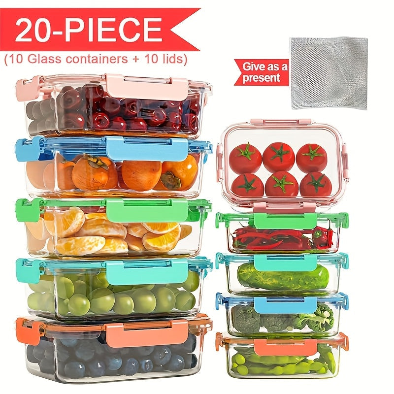 Glass Food Storage Containers with Lids 20 Piece Set Airtight Stackable Meal Prep Borosilicate Glass Containers Oven Microwave Dishwasher Freezer Safe BPA Free Kitchen Organization
