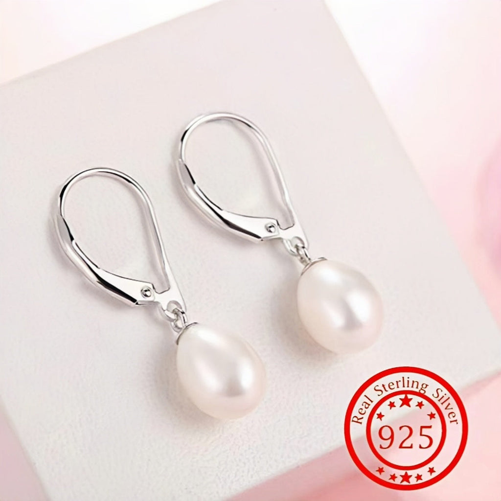 925 Sterling Silver Genuine Freshwater Pearl Drop Earrings – French Elegant Dangle Lobster Clasp Hypoallergenic Bridal Wedding Jewelry Gift for Women Valentine's Day Anniversary