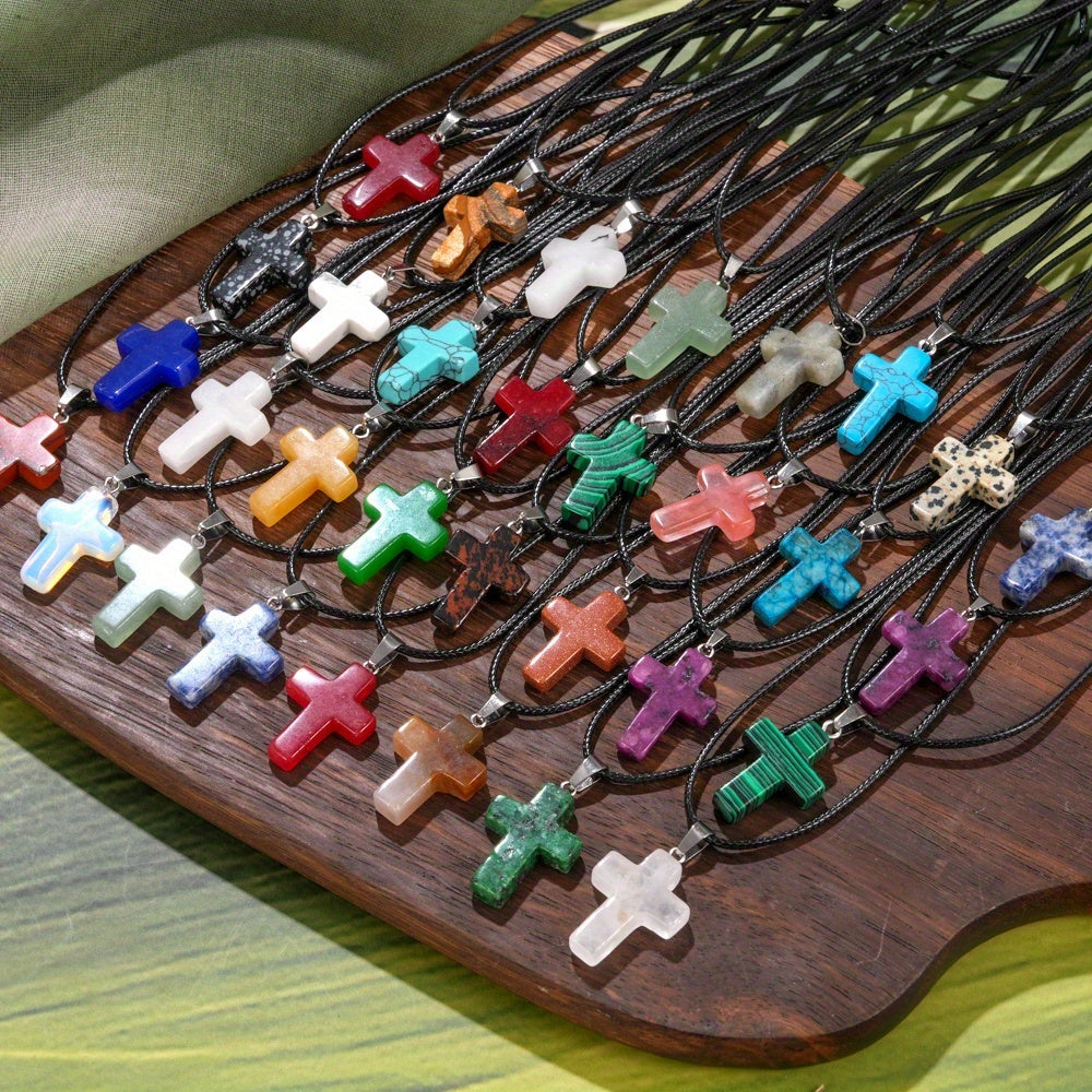 50pcs Natural Stone Cross Pendant and Necklace DIY Set – 25 Colorful Stone Cross Charms + 25 Black Chains for Jewelry Making Bracelets Earrings Craft Teen Gift