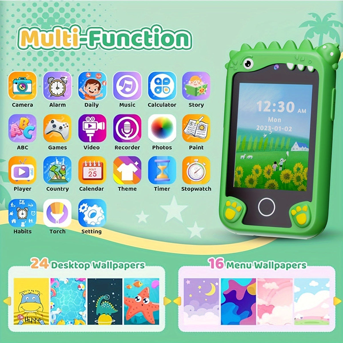 Kids Smart Phone Toy Dinosaur Design HD Touchscreen Dual Camera 8GB SD Card Play Cell Phone for Boys Girls Ages 3 and Up Travel Toy Birthday Easter Halloween Christmas Gift Green Purple