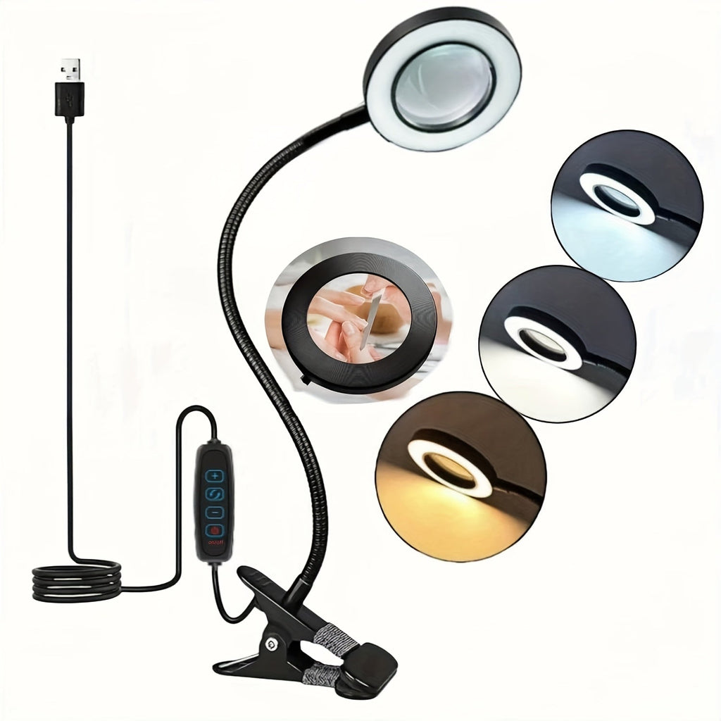 Diamond Painting Magnifier LED Clamp Lamp 10X Hands-Free 5V USB 3 Color Modes 10 Brightness Levels 18'' Flexible Gooseneck for Crafts Sewing Jewelry Making Embroidery Reading Hobby Desk Light