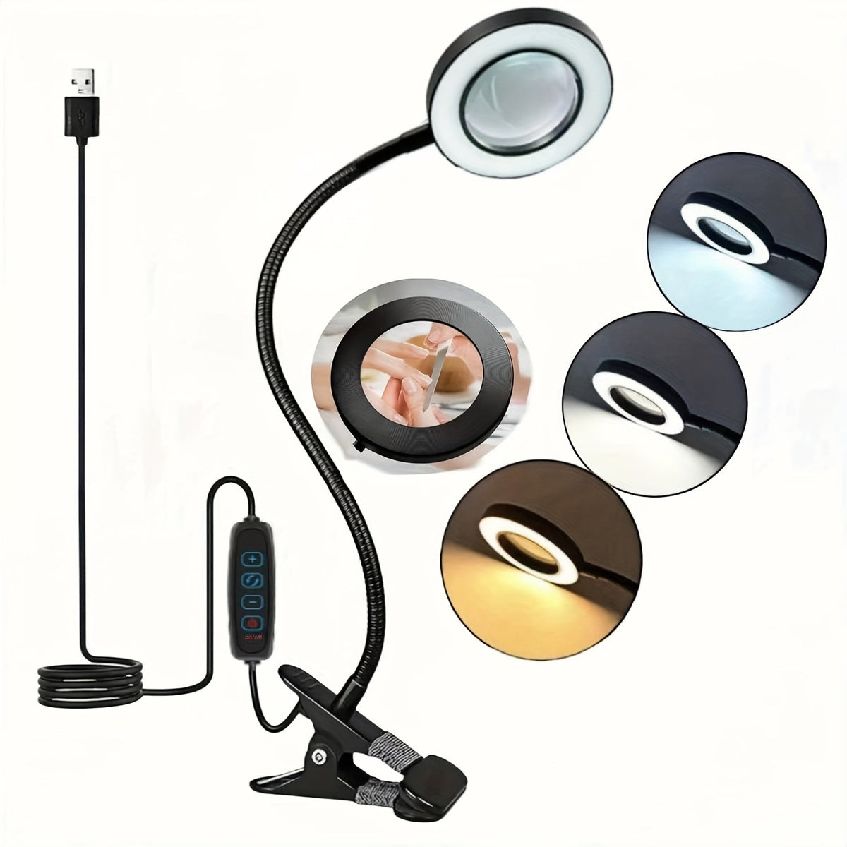 Diamond Painting Magnifier LED Clamp Lamp 10X Hands-Free 5V USB 3 Color Modes 10 Brightness Levels 18'' Flexible Gooseneck for Crafts Sewing Jewelry Making Embroidery Reading Hobby Desk Light