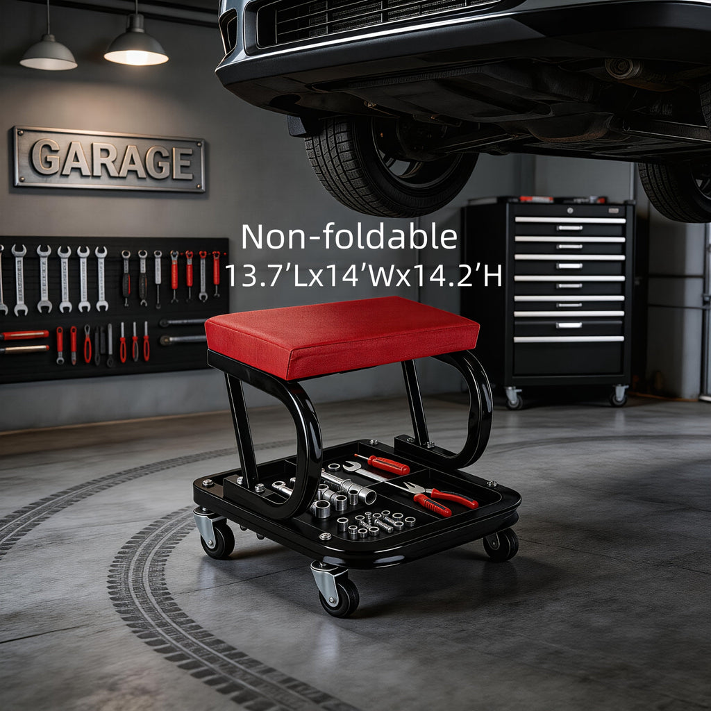 Mechanic Creeper Stool Z-Shape | Foldable 3-in-1 Crawler, Non-Foldable & Sliding Stool | 300LB Capacity, 6 Swivel Casters, Thick Padded Cushion – Garage Rolling Seat, Gift for Men – Red & Grey
