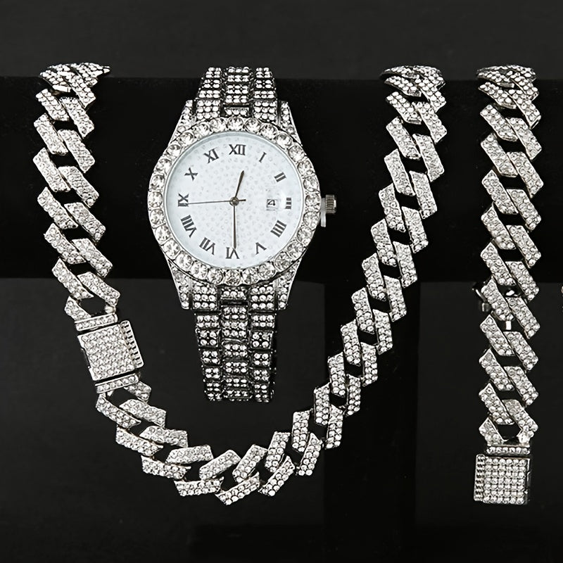Men's Hip Hop Rhinestone Bling Watch Set with Waterfall Chain Bracelet & Necklace – Sparkling Quartz Watch Jewelry Set for Men 3pc & 5pc Perfect Holiday Gift