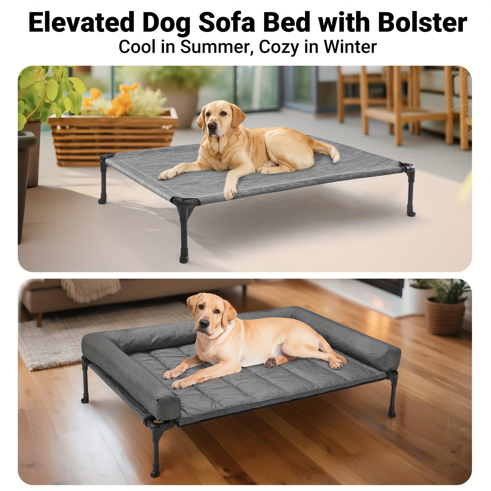 Cooling Elevated Dog Bed with Removable Pillow-Top Mat – Raised Bolster Dog Cot with Breathable Mesh Non-Slip Feet Dog Sofa Bed for Indoor & Outdoor Use