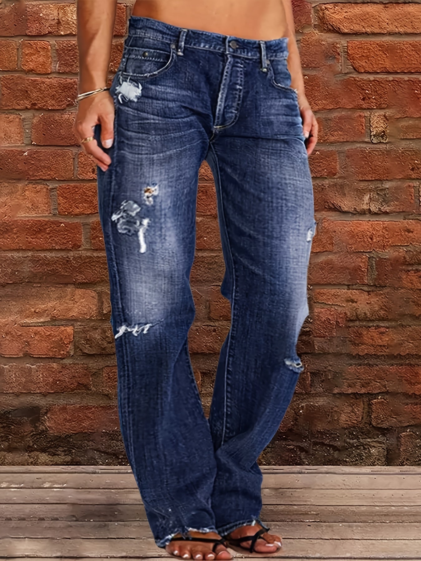 Ripped Flare Wide Leg Jeans Women Distressed Stretch Denim Fashion Streetwear Casual Pants Light Blue Dark Blue XS-XXL