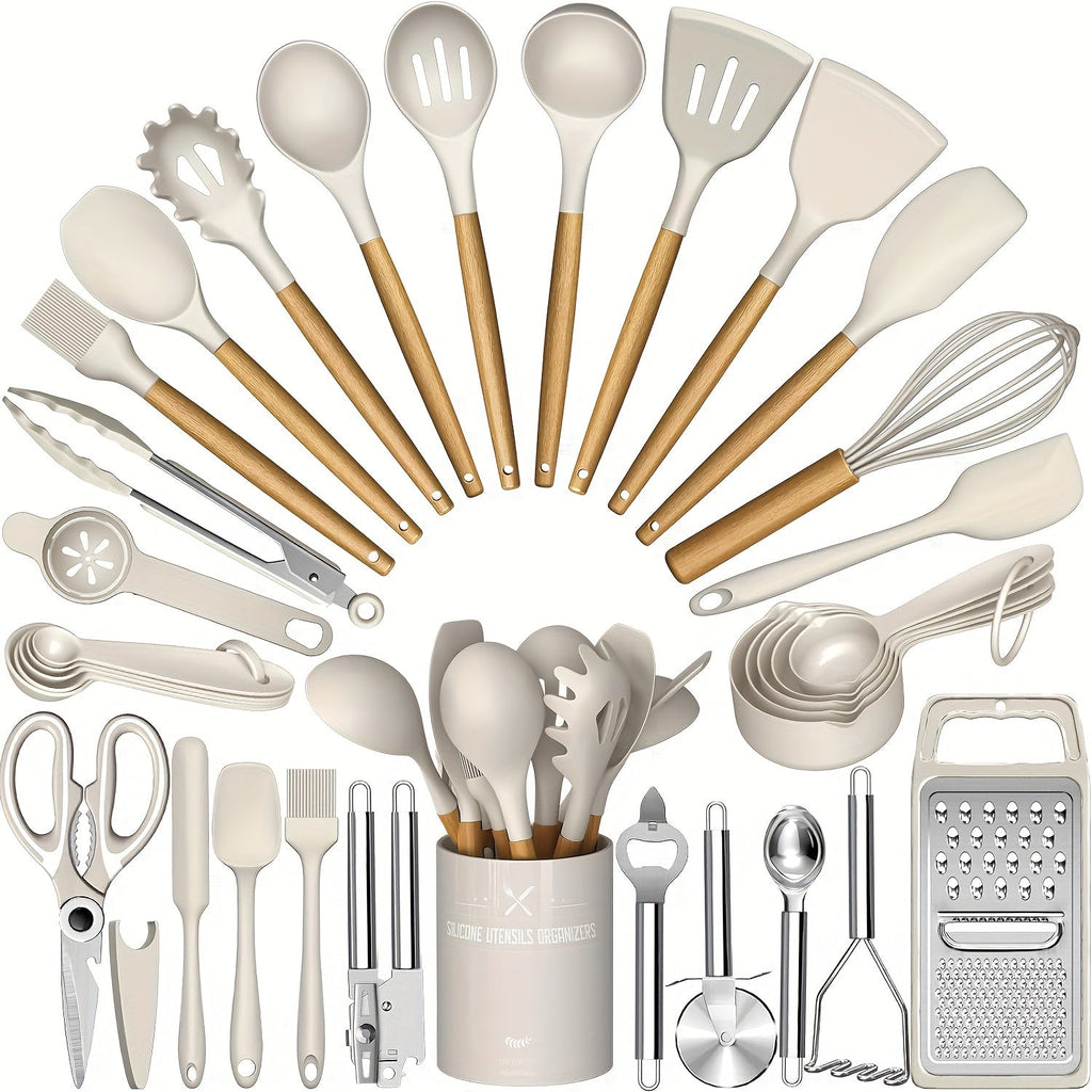 34-Piece Silicone Kitchen Utensils Set with Holder – Heat Resistant Cooking Utensils for Nonstick Cookware, Wooden Handle Spatula Set, Kitchen Gadgets & Tools, Great Father's Day Gift (Khaki/Black/Gray)
